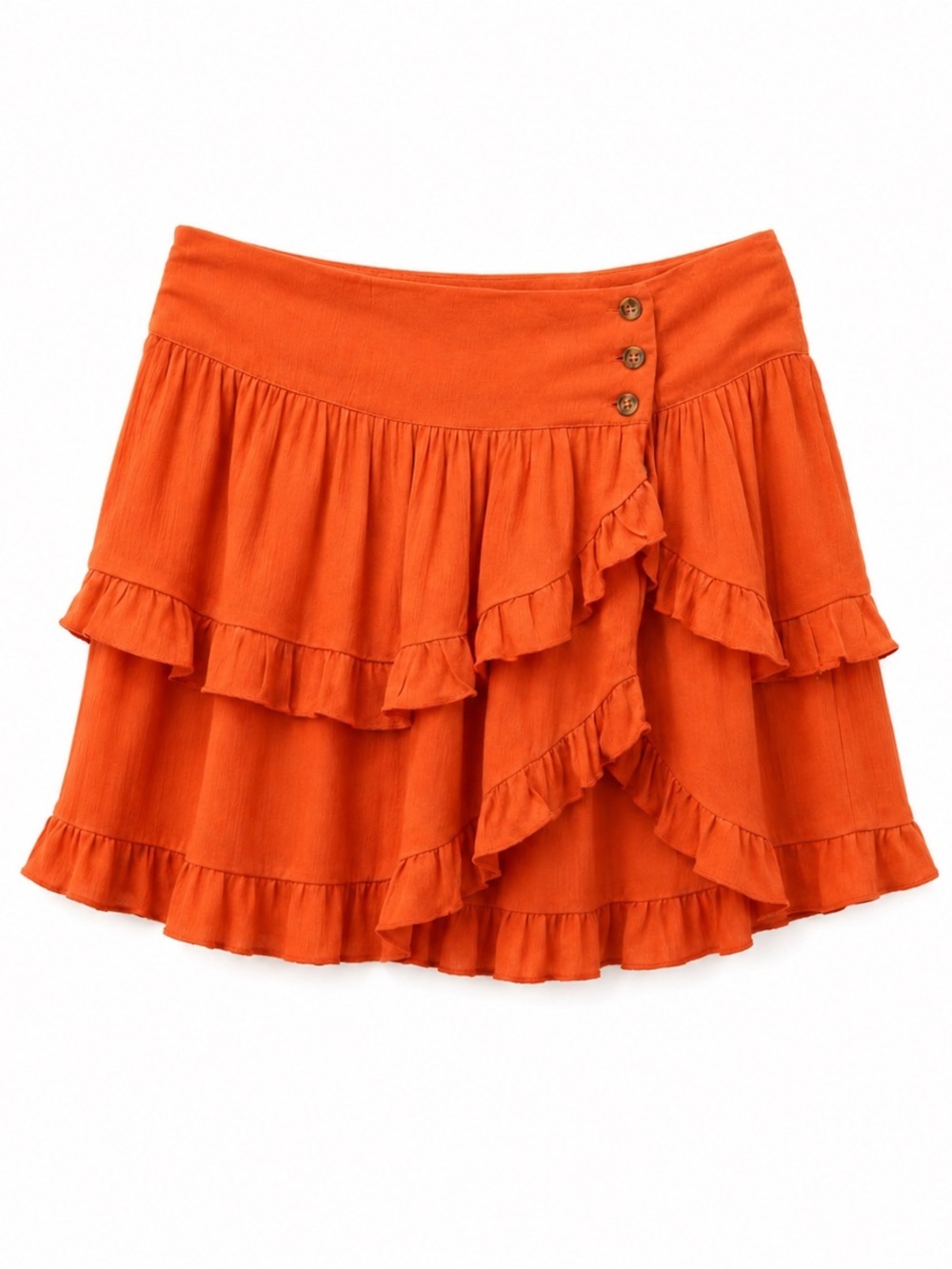 NWOT Free People Coral Orange Tiered Ruffle Flowy Side Button Mini Skirt Sz S